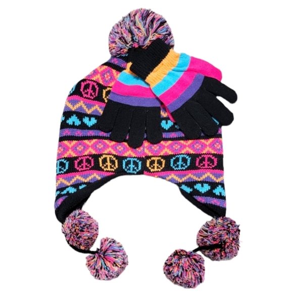 Capelli of New York‎ Pom Pom 2Piece Hat Gloves Kid Set Size M.L - Picture 1 of 7